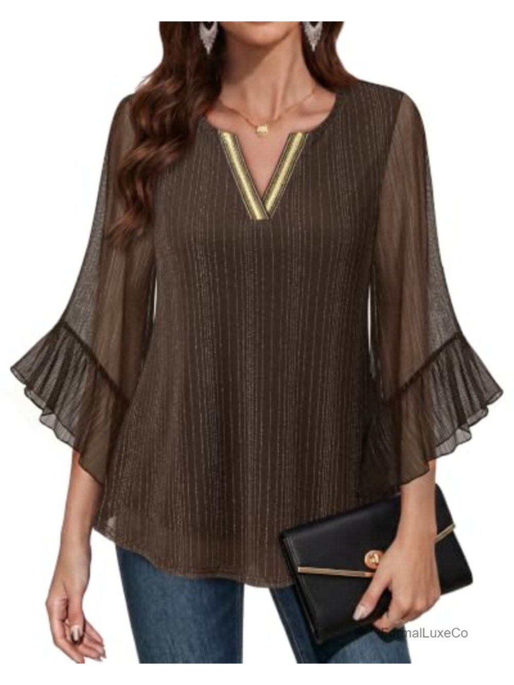 3/4 Sleeve Splicing V Neck Dressy Blouse Work Top Stretchy Sparkly